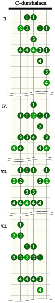 Øv på å spille C-durskalaen i de følgende fire posisjon som illustrert på gitarens gripebrett. Tallene viser fingersetting. Romertallene til venstre viser bånd.